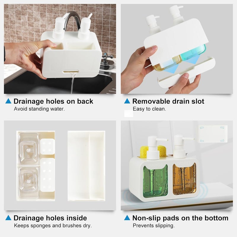 Eavida Kitchen Soap Dispenser Set, with Hand and Dish Soap, Sponge Caddy and Brush Holder 4-in-1 Kitchen Dual Soap Dispenser Set for Kitchen Sink, Bathroom - White - Image 5